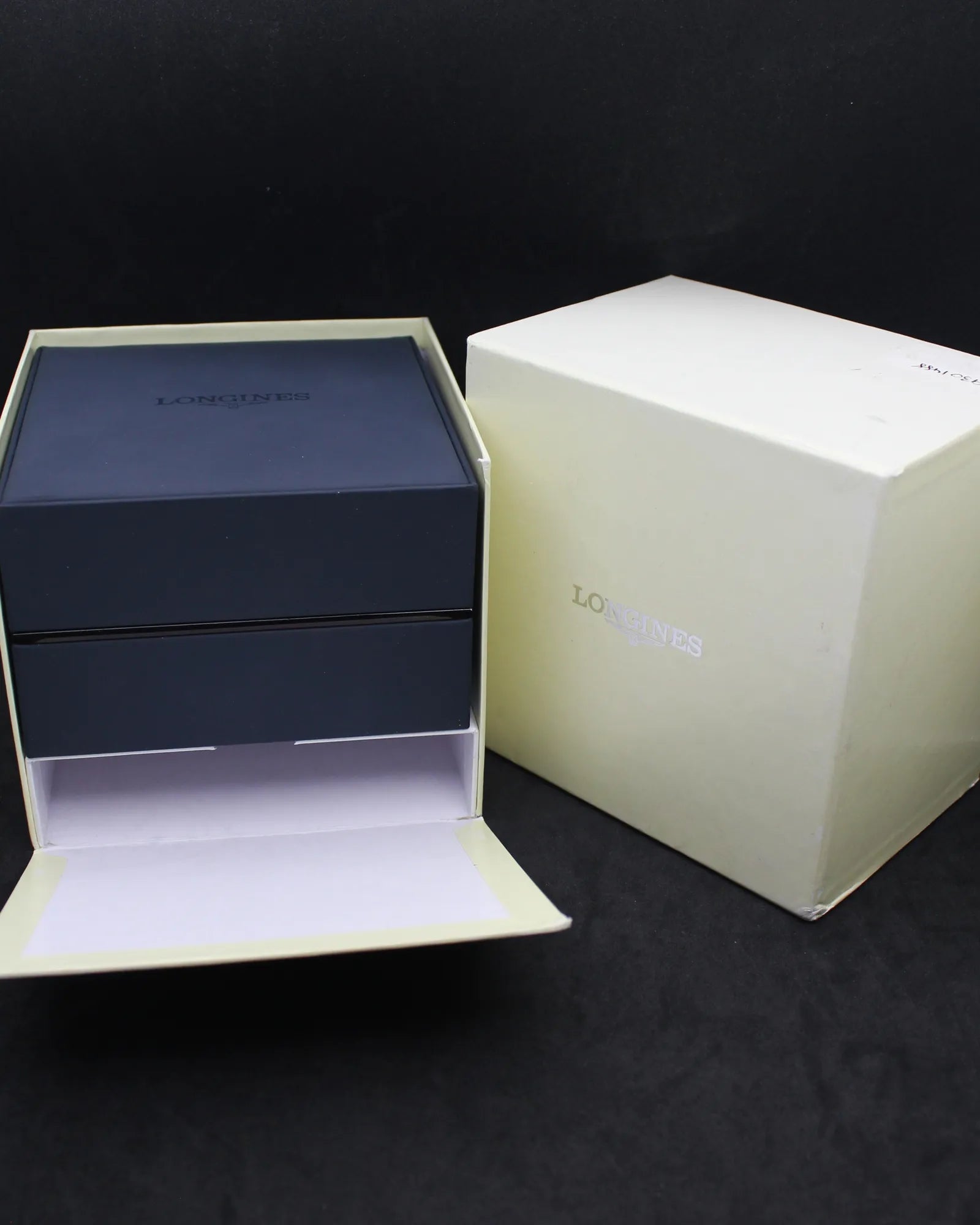 Modern Longines Deep Blue Cube Watch Box Set with Cream Outer Display Case (ca. 2010s–2020s)